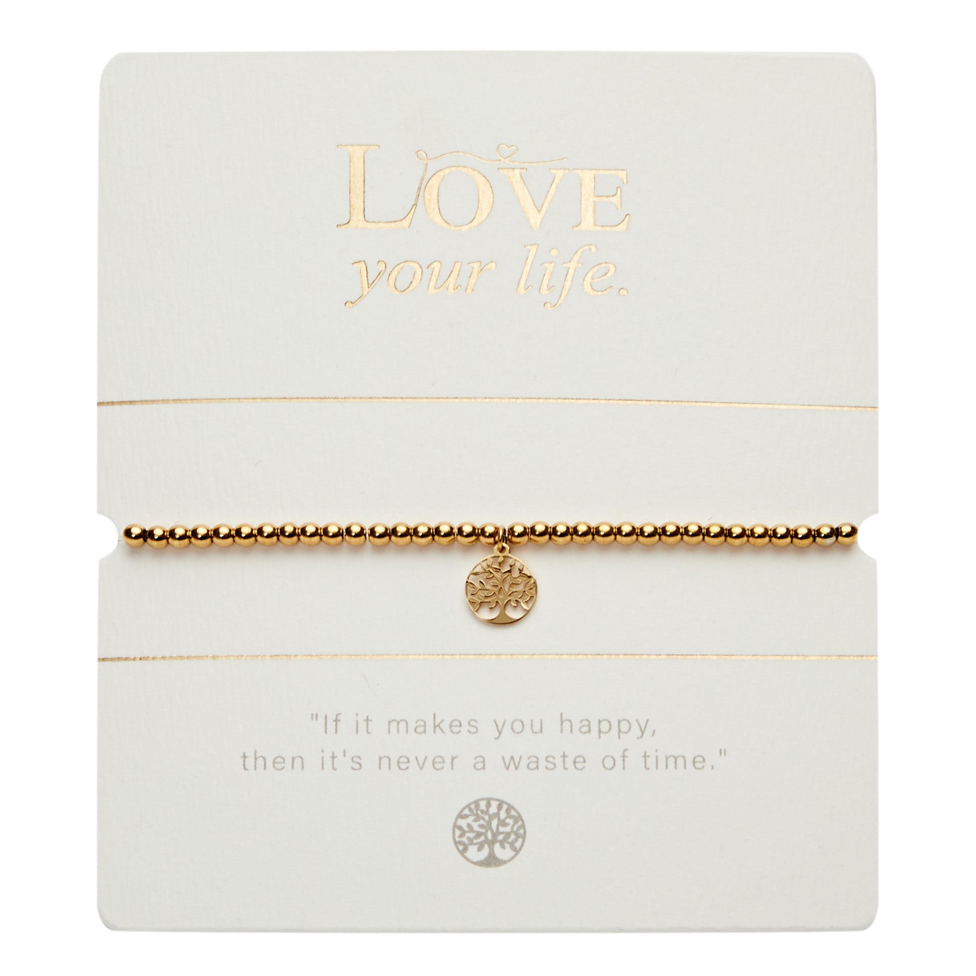 Kugelarmband - "Love your life" - vergoldet - Baum des Lebens