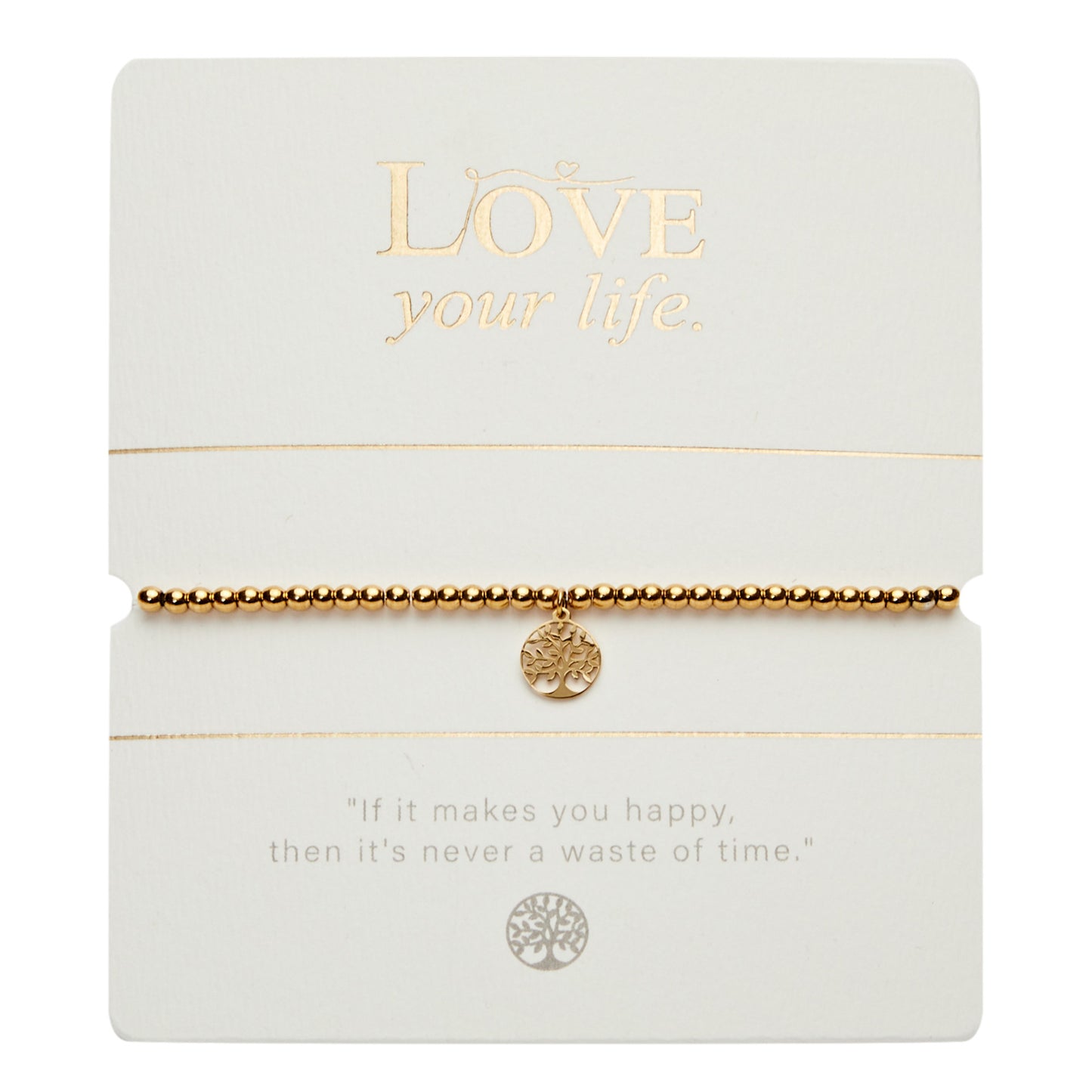 Kugelarmband - "Love your life" - vergoldet - Baum des Lebens