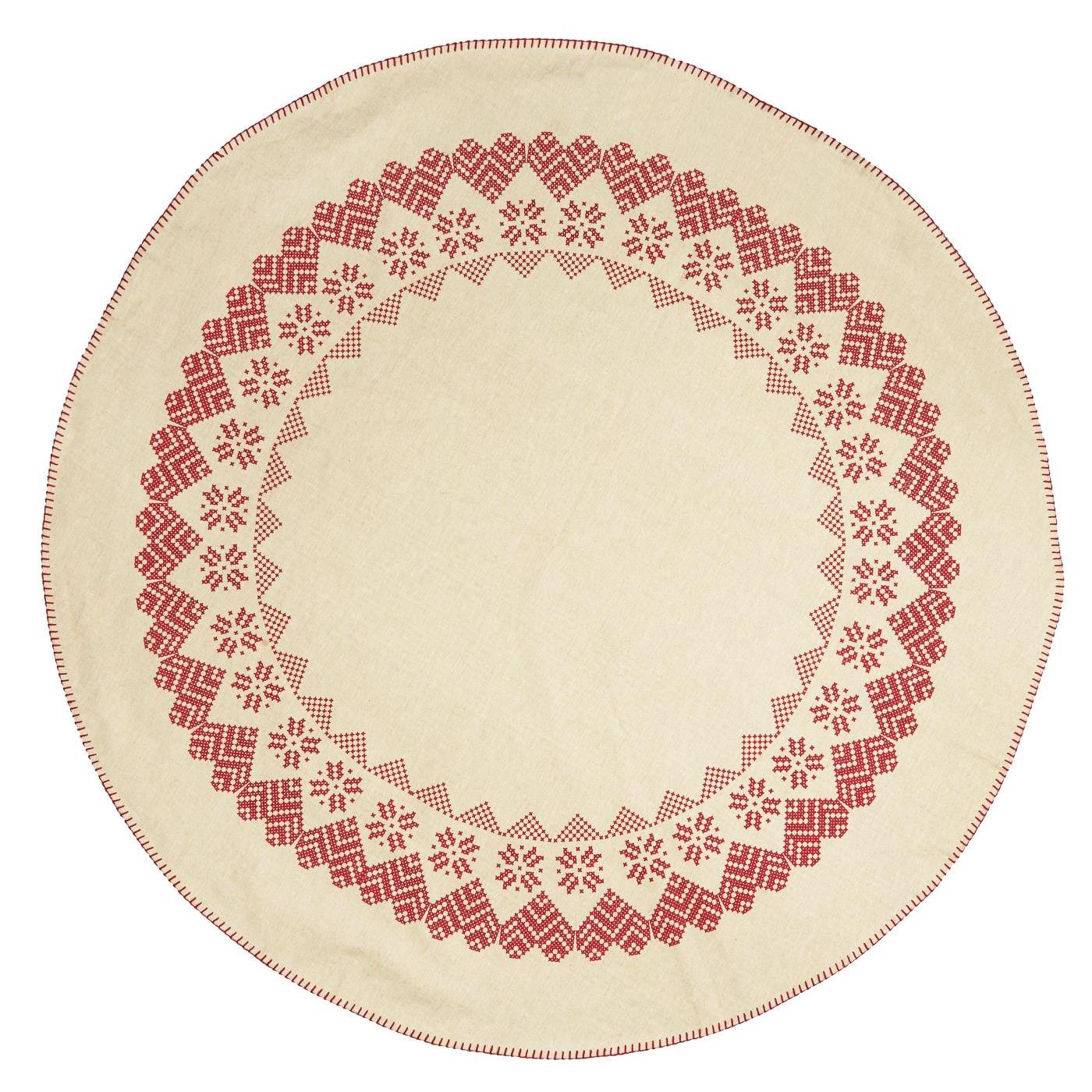 Weihnachtsbaumteppich natur mit rotem Muster und Randstickerei - Ib Laursen