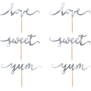 Cake Topper "Love, yum, sweet" silber