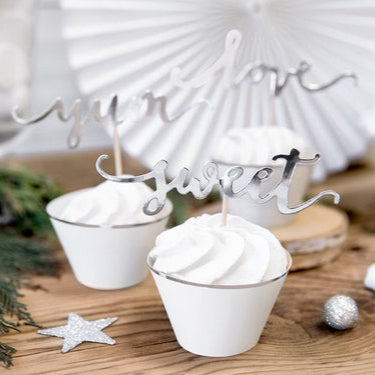 Cake Topper "Love, yum, sweet" silber