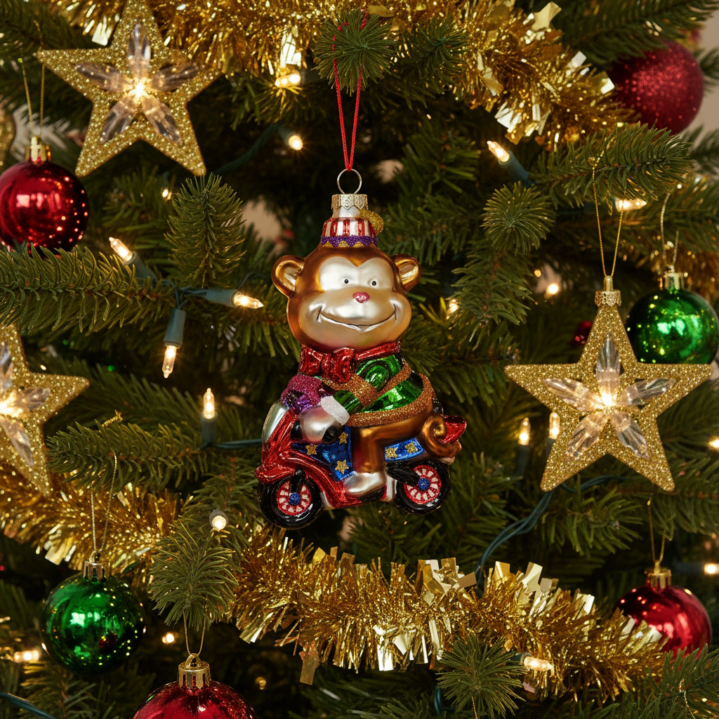 Christbaumkugel "Zirkusaffe auf Motorrad" - Weihnachtsland